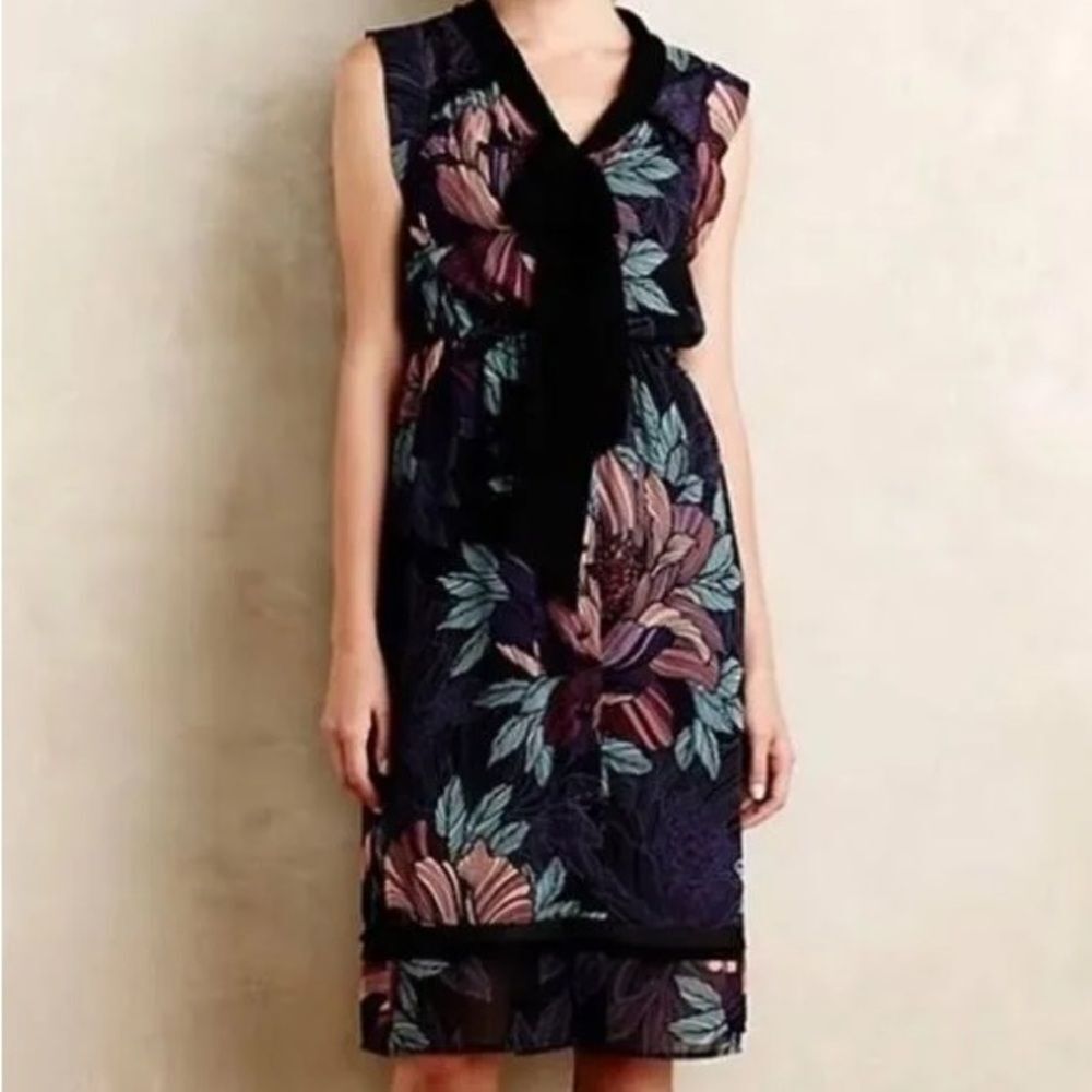 Anthropologie Maeve Brelin Black Floral Chiffon Tie Neck Midi Dress XS